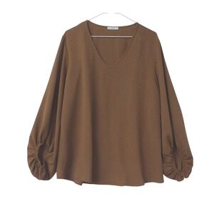 JODIFL Brown Textured V Neck Long Sleeve Balloon Sleeve Top Women's Size Medium